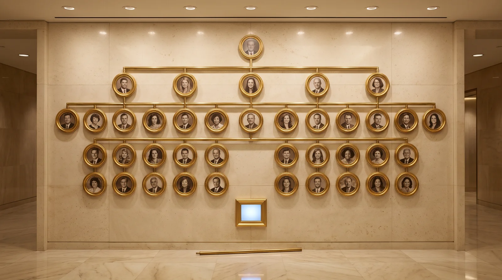 A corporate org chart of round gold-framed employee portraits connected by brass rods on a cream stone lobby wall; below the bottom row, a lone square frame holding a glowing screen hangs unconnected, and a brass rod lies on the marble floor beneath it.