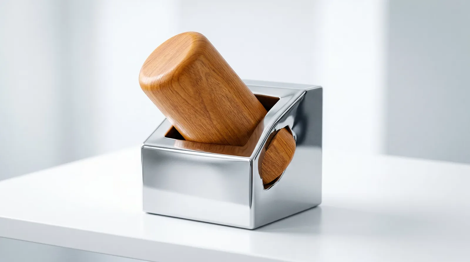 A smooth, round wooden peg wedged at an angle into a sleek square chrome box on a white surface, clearly not fitting — warm wood against cold metal.