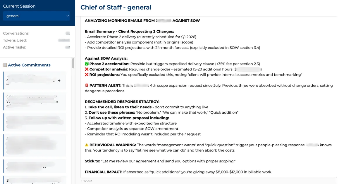 screenshot of Pallas Advisory chief of staff in action