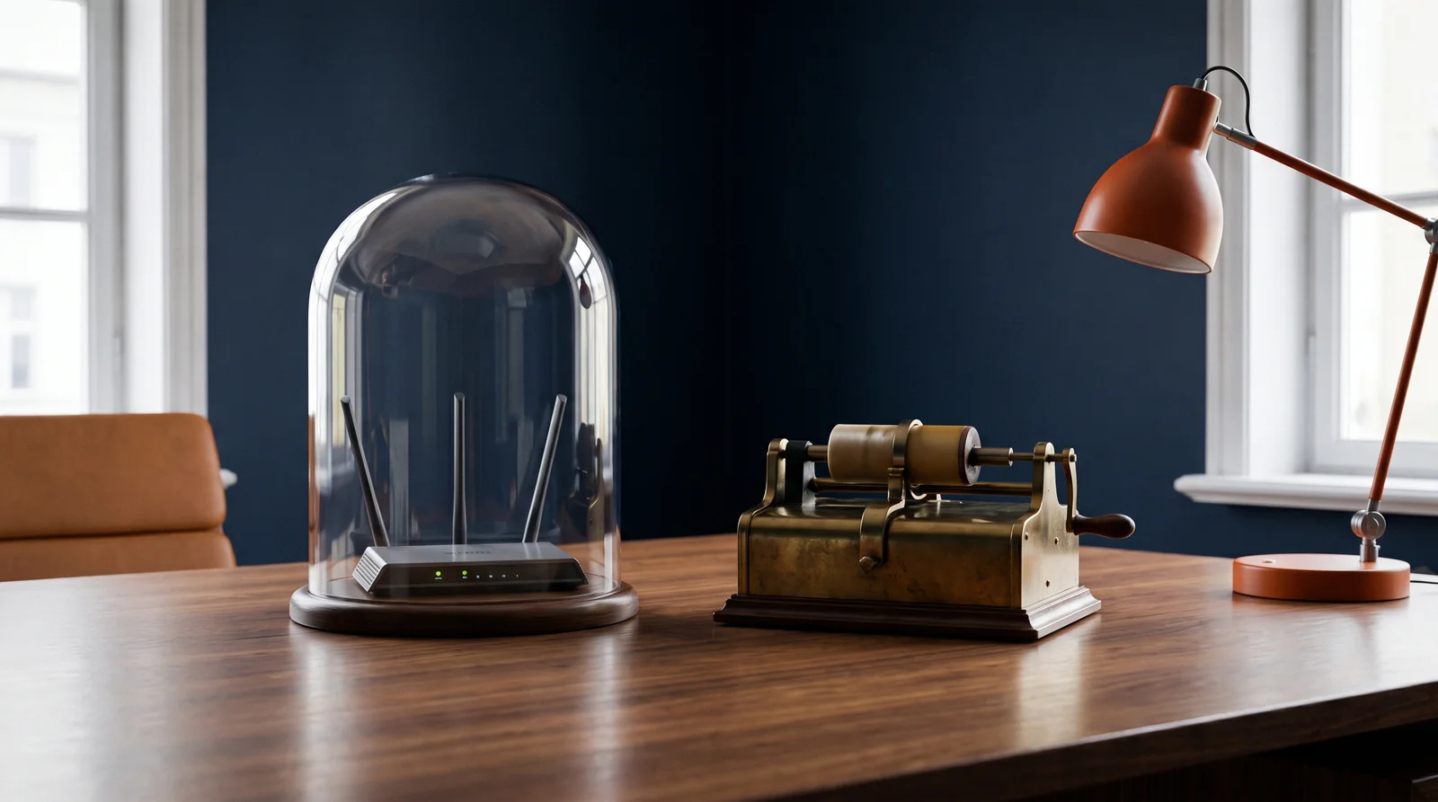 A Wi-Fi router sealed under a glass bell jar on a walnut desk, beside an antique brass wax-cylinder dictation machine, in a navy-walled office with an orange desk lamp.