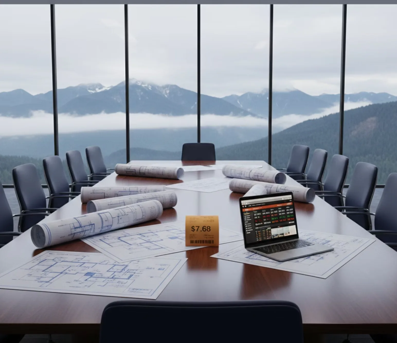 A corporate boardroom table covered in architectural blueprints with a small $7.68 price tag at center and an open laptop, floor-to-ceiling windows revealing misty Pacific Northwest mountains behind.