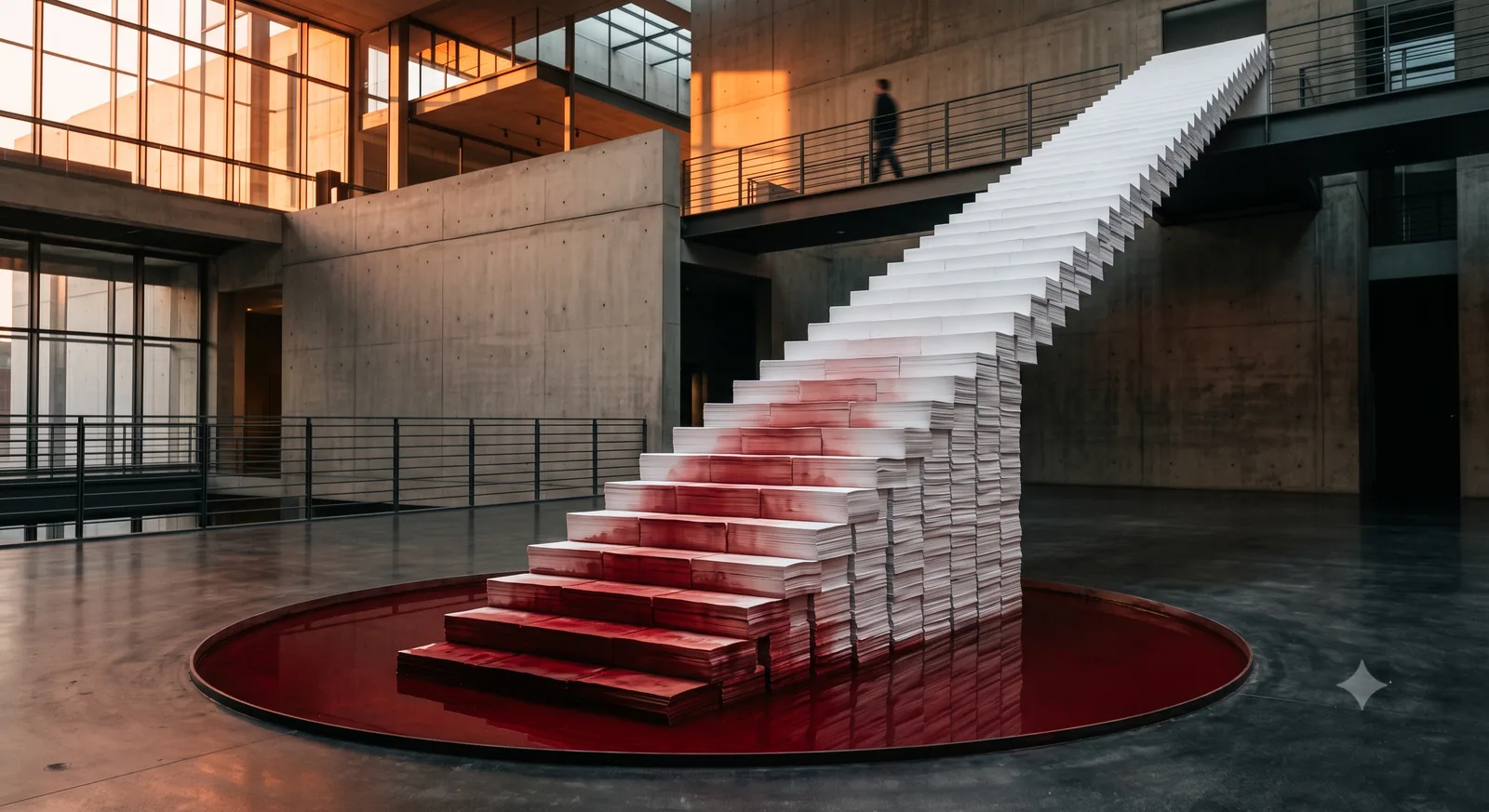A staircase made of stacked paper rising out of a pool of red ink; the lower steps are stained red and the upper steps are clean white.