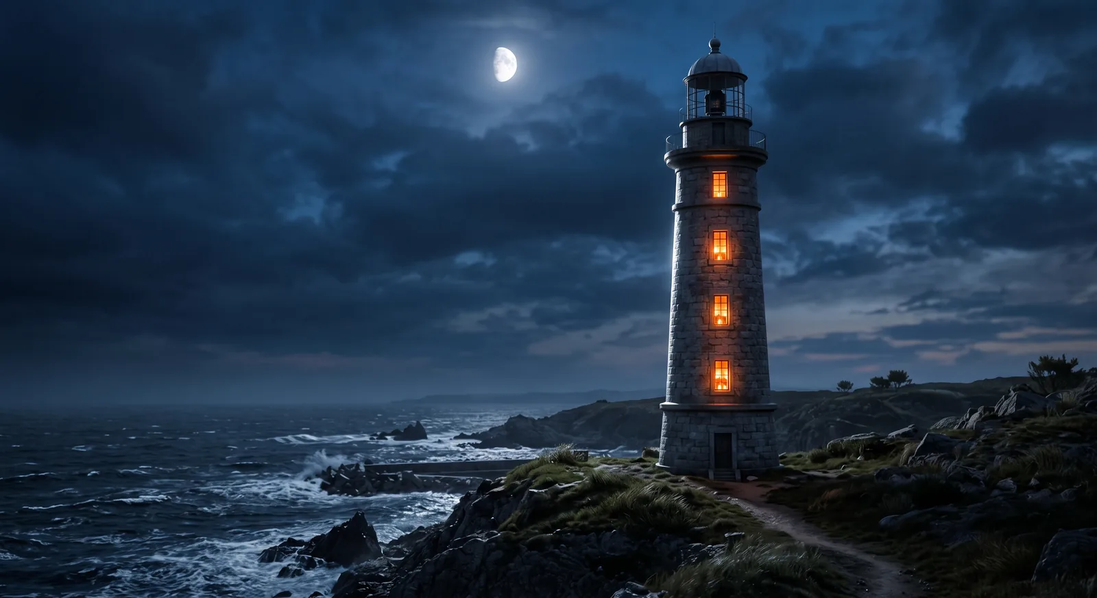 A moonlit lighthouse on a rocky coast at night, its beacon dark while four windows down the tower glow warm orange.