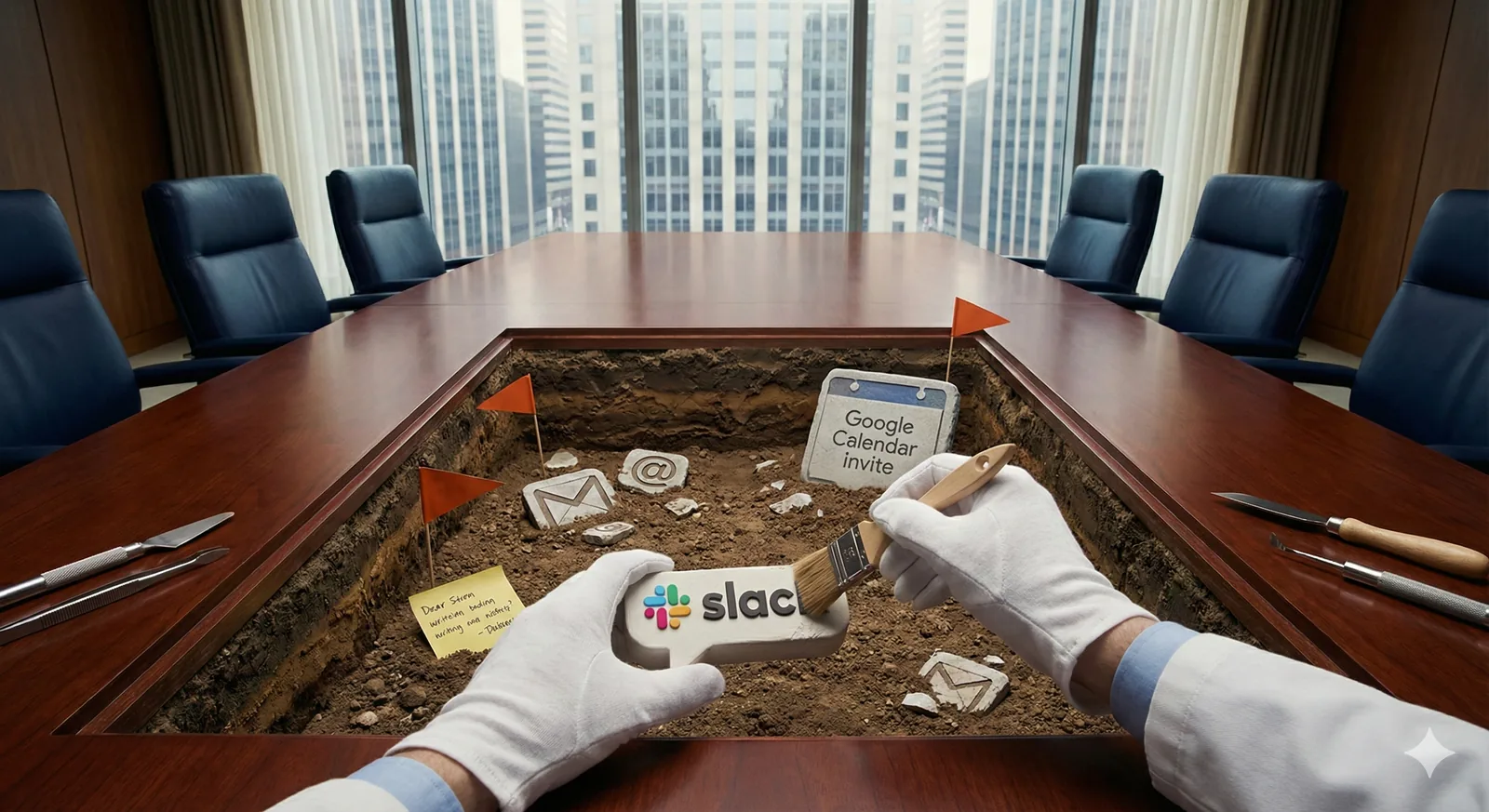White-gloved hands excavate buried Slack and email icons from an archaeological dig pit in an executive boardroom table, treating digital artifacts like ancient relics.