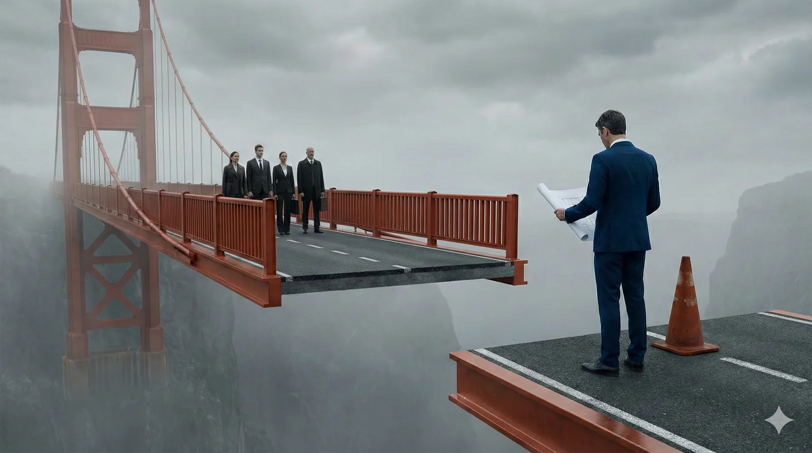 A businessman holding blueprints stands at the edge of an incomplete bridge, separated from waiting clients by a gap in the roadway