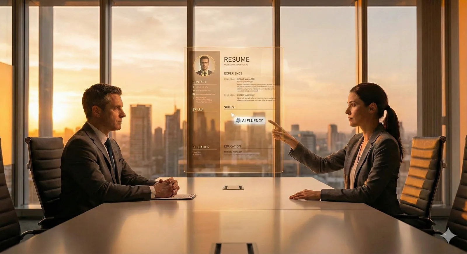 A woman in a business suit points to a transparent, holographic screen displaying a resume with a section labeled "AI Fluency" during a meeting with a man in a conference room overlooking a city at sunset.