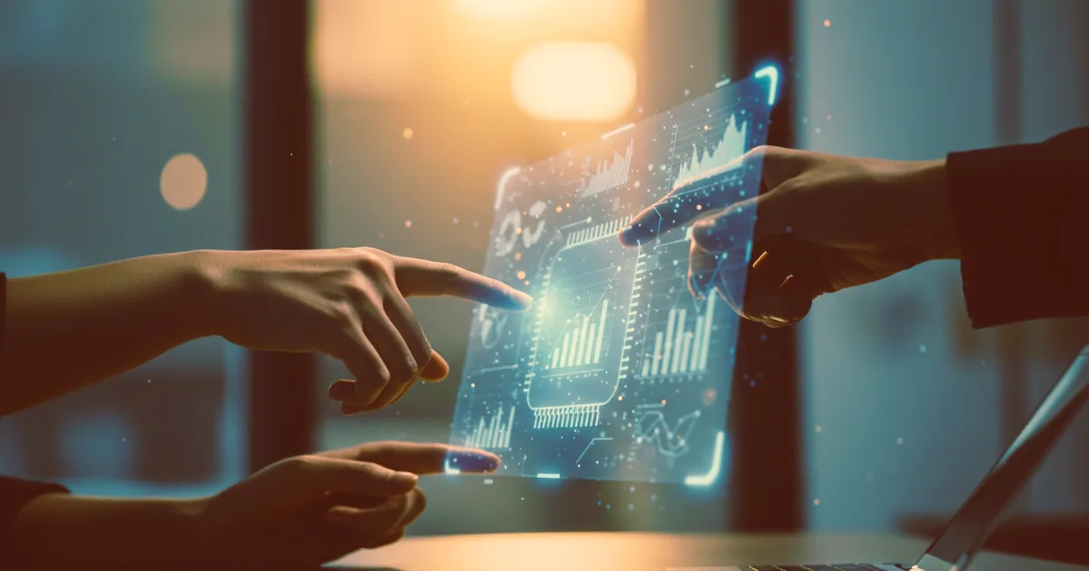 hands interacting with a translucent screen in an office setting