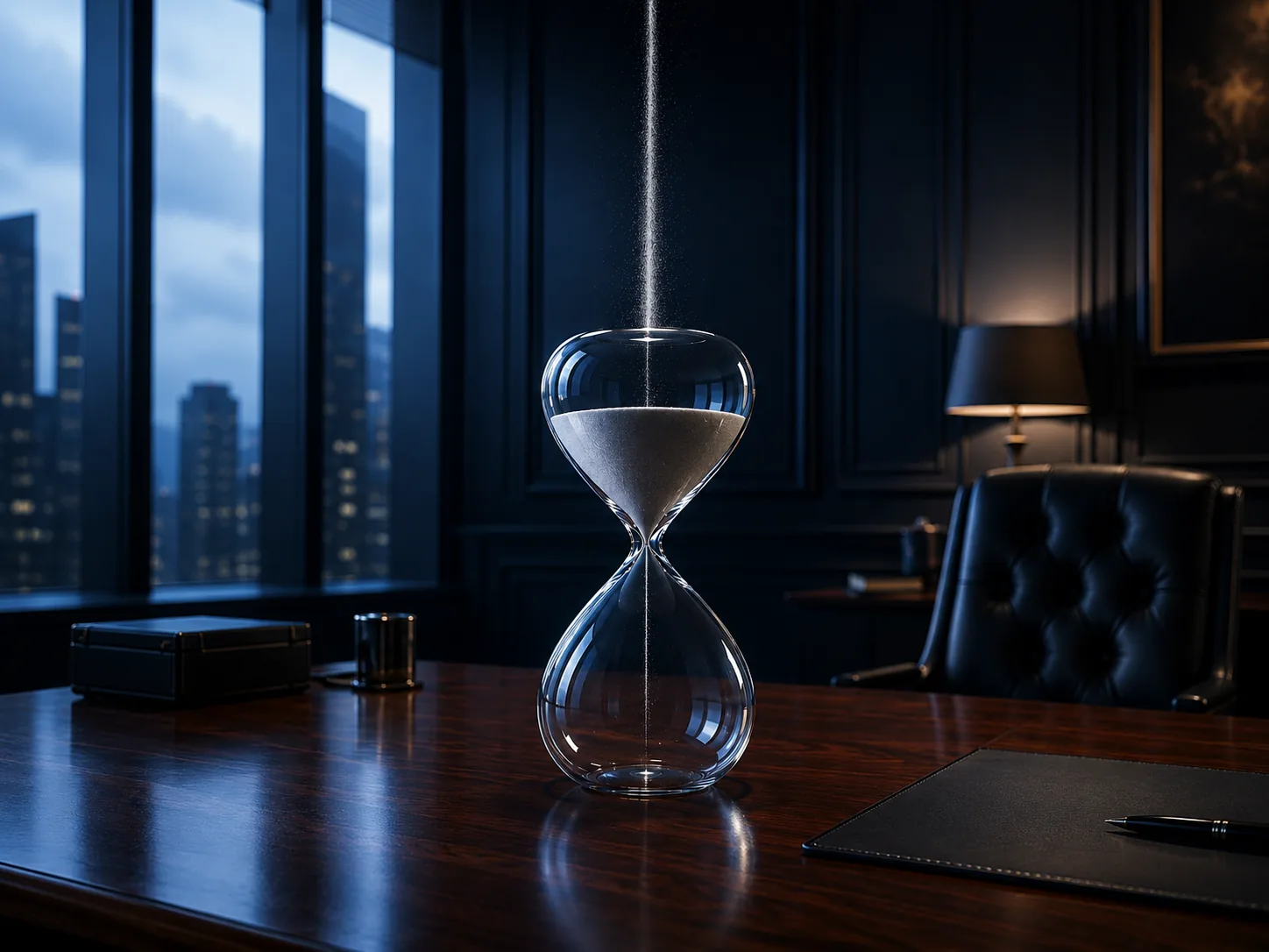 A glass hourglass on an executive desk, with sand falling from empty space above and passing through the sealed top, leaving the bottom forever empty.