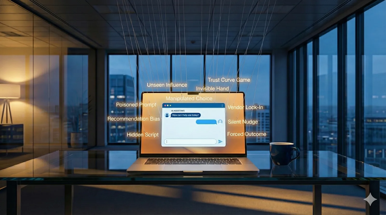 A laptop displaying an AI chat assistant sits on a glass desk in a modern office. Thin marionette strings descend from above, attached to floating words surrounding the screen, suggesting invisible manipulation of the AI's responses.