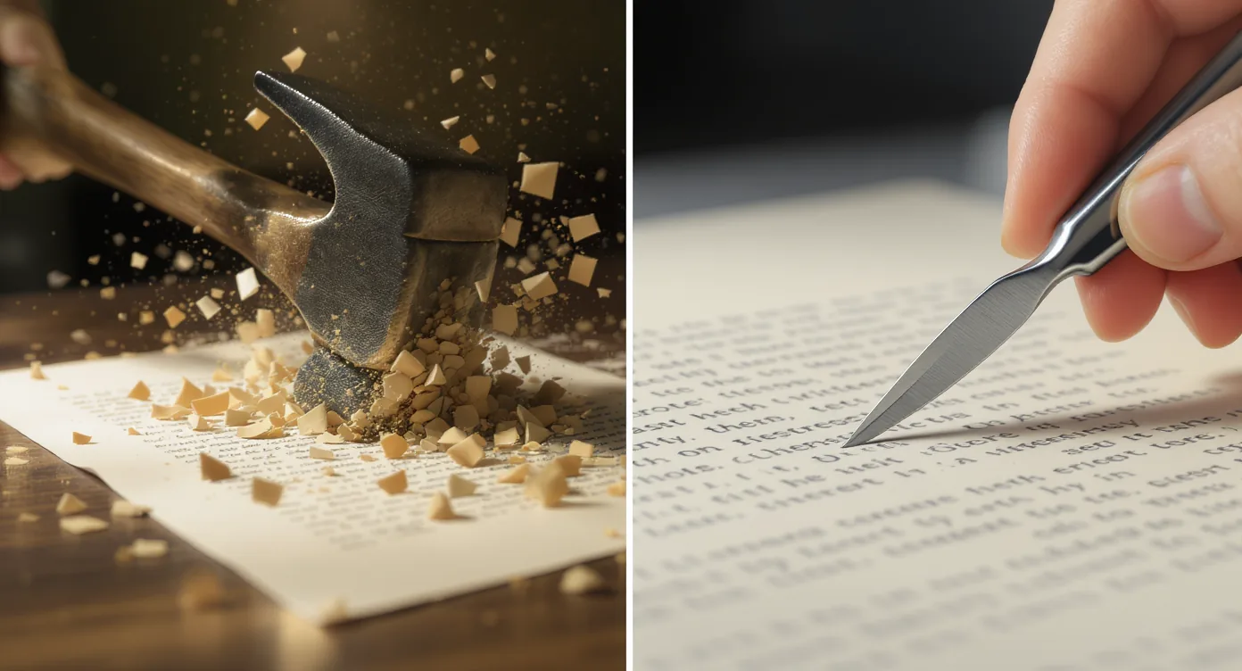 Split image comparison: Left side shows a hammer destroying written content into fragments, right side shows a precise surgical tool carefully editing a document