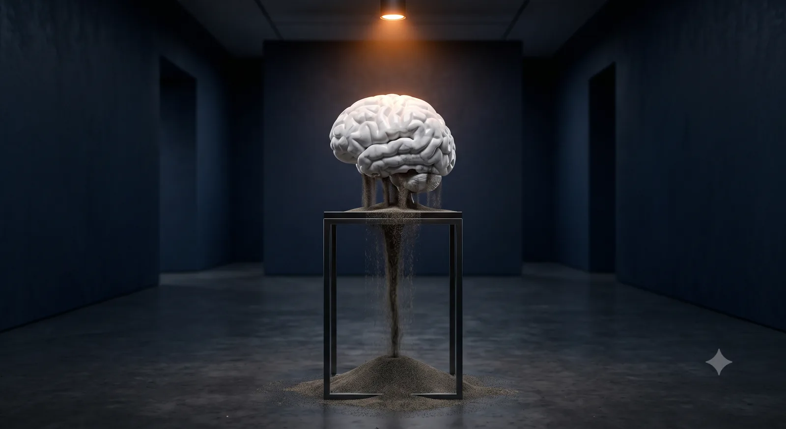 A polished marble brain on a museum pedestal, flawless on top, slowly crumbling into a stream of sand beneath it in a dark gallery.