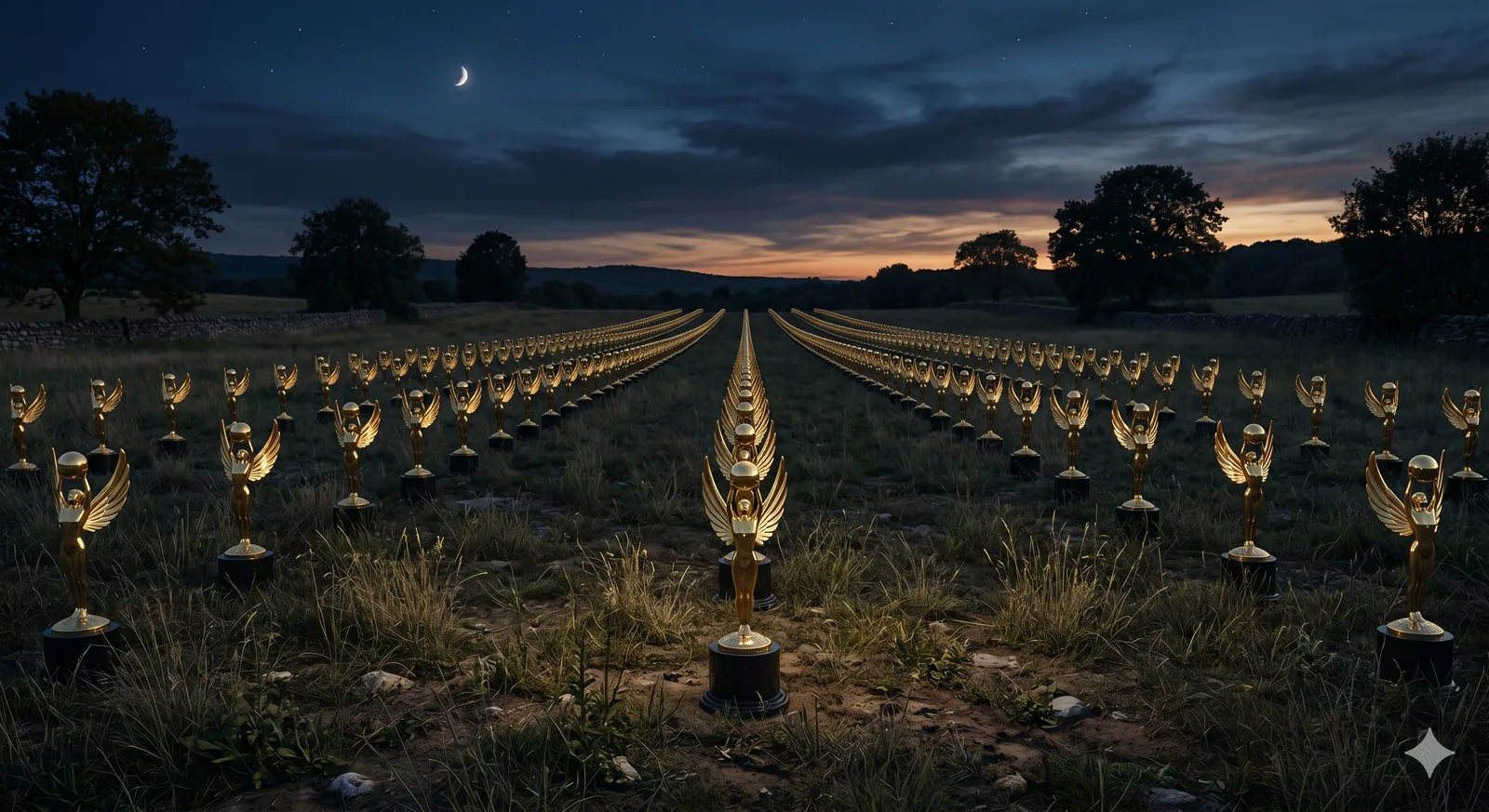 Gold award trophies arranged like gravestones in a cemetery field at dusk, suggesting honored but lifeless objects.