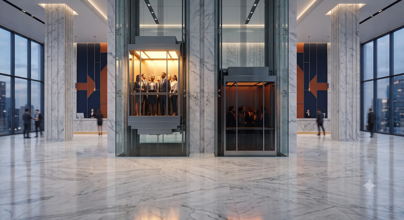 Two identical glass elevators in a marble lobby, one rising and glowing with warm light while the other sinks halfway below the floor.