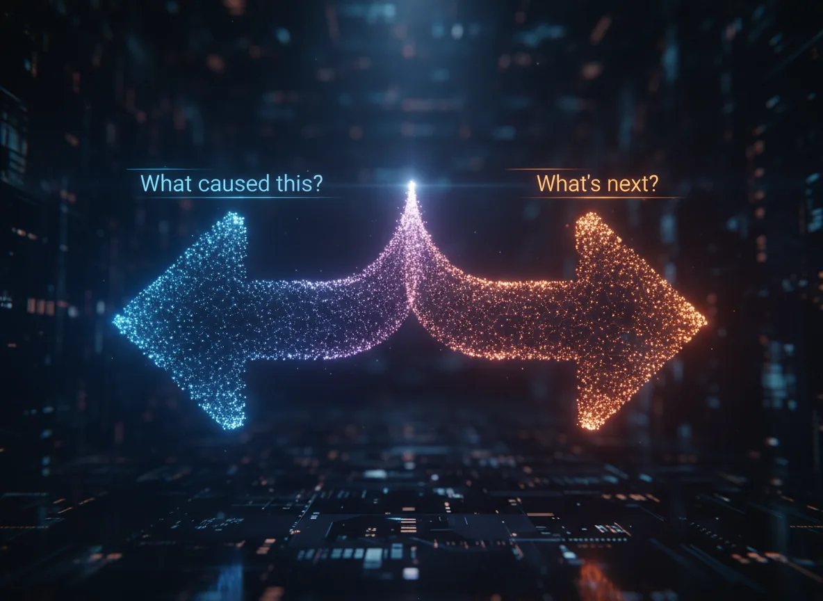 Event data stream splitting into two directional arrows: blue arrow labeled 'What caused this?' pointing to past attribution analysis, orange arrow labeled 'What's next?' pointing to future operational intelligence predictions