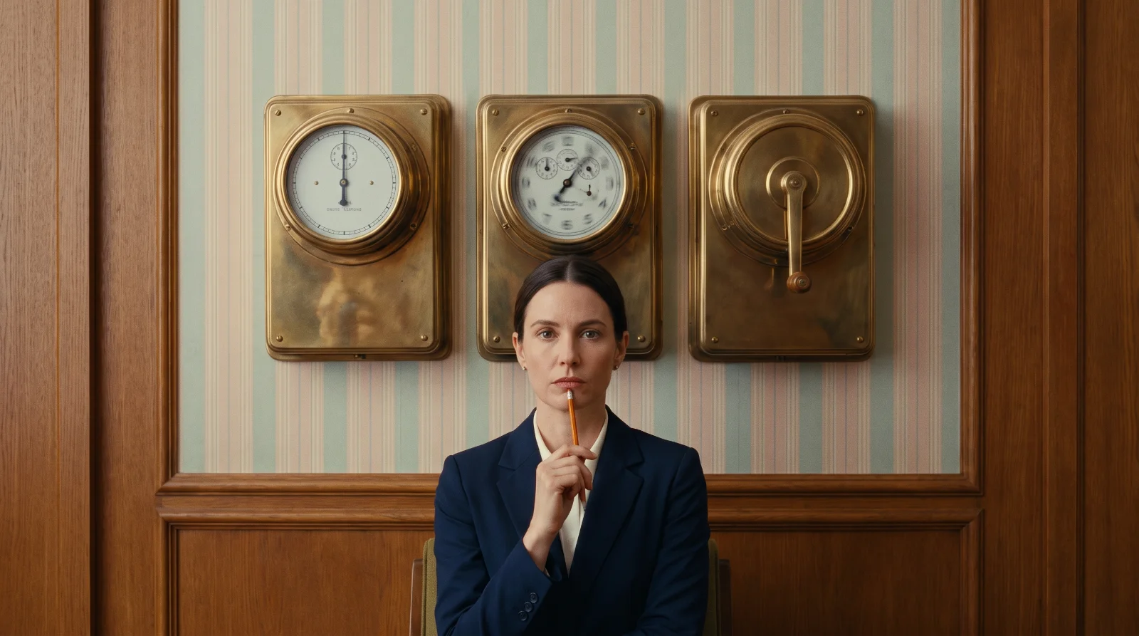 A woman in a navy suit sits with a pencil to her chin beneath three antique brass meters mounted in a row on a striped office wall: a single still dial, a gauge whose numbers are blurred in motion, and a hand crank.