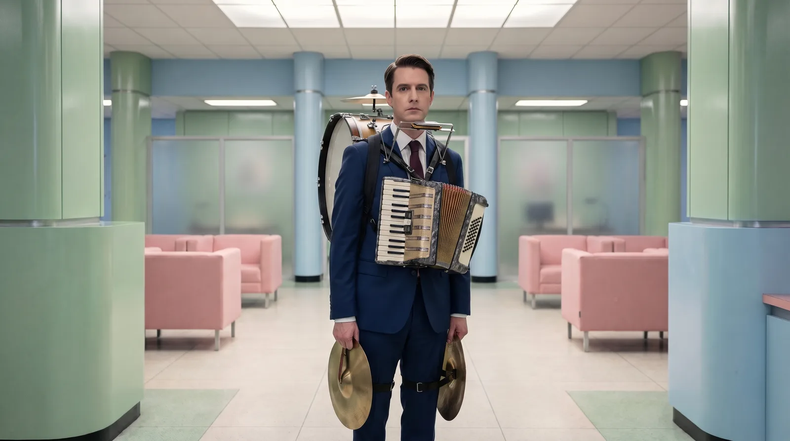 A businessman in a navy suit and garnet tie stands still and expressionless in a symmetrical pastel office lobby, wearing a one-man-band rig: a bass drum on his back, an accordion strapped to his chest, and brass cymbals strapped to his knees.