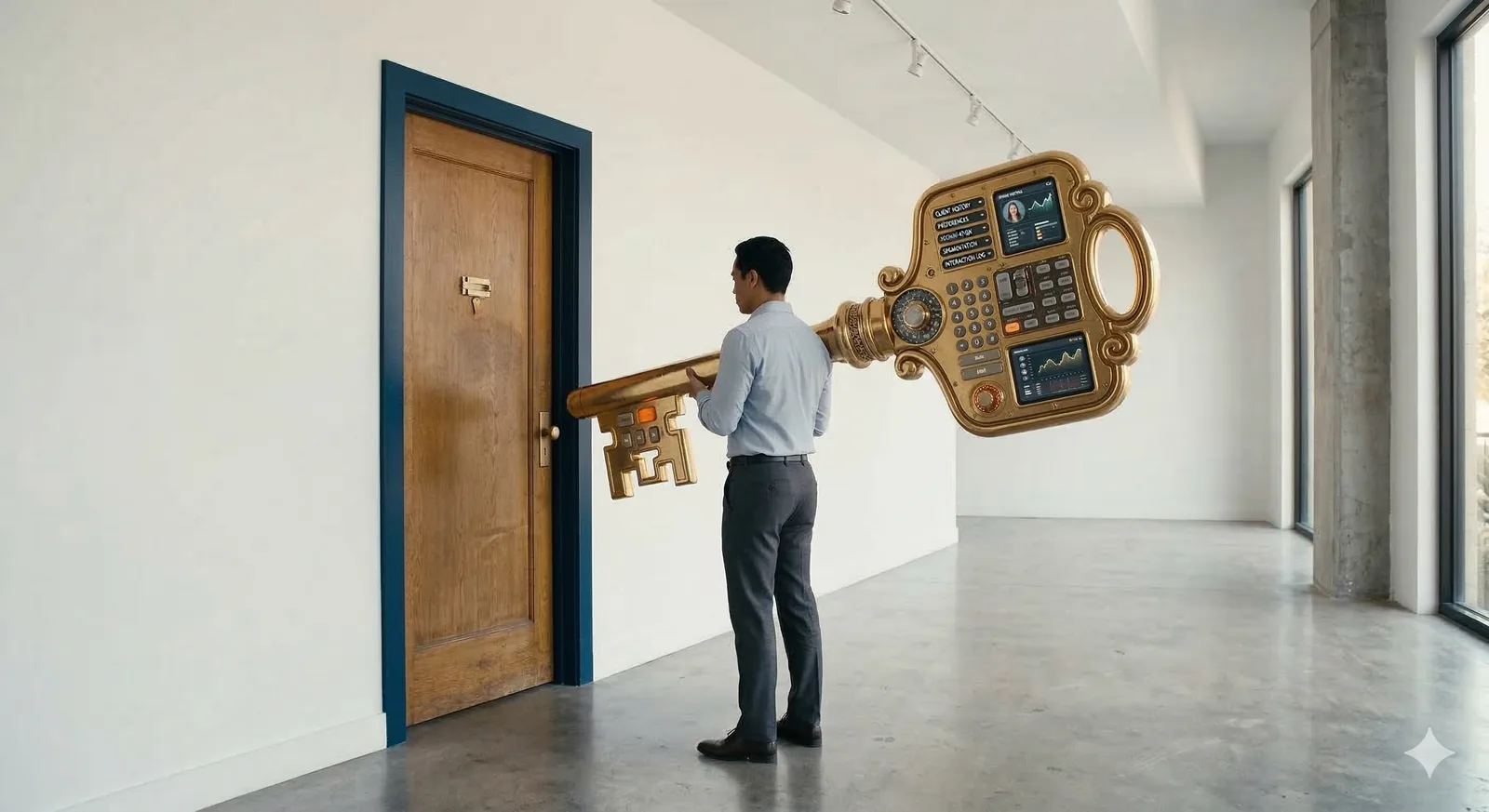 A person in business casual holds an oversized ornate golden key covered in dashboard screens, buttons, and CRM interface elements, standing before a simple wooden door with a small latch. The key requires both hands to hold. The door frame is deep navy blue.