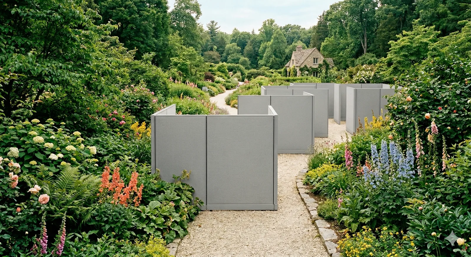 A lush garden with a winding natural path, interrupted by sterile grey corporate office partition walls placed at rigid angles across the walkway.