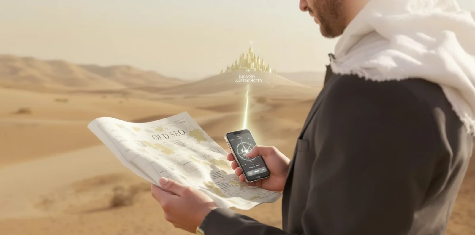 A man in a desert holding a traditional map labeled 'Old SEO' and a smartphone with a digital compass pointing toward a distant, glowing city labeled 'Brand Authority,' symbolizing the shift from traditional SEO methods to brand-driven digital strategies.