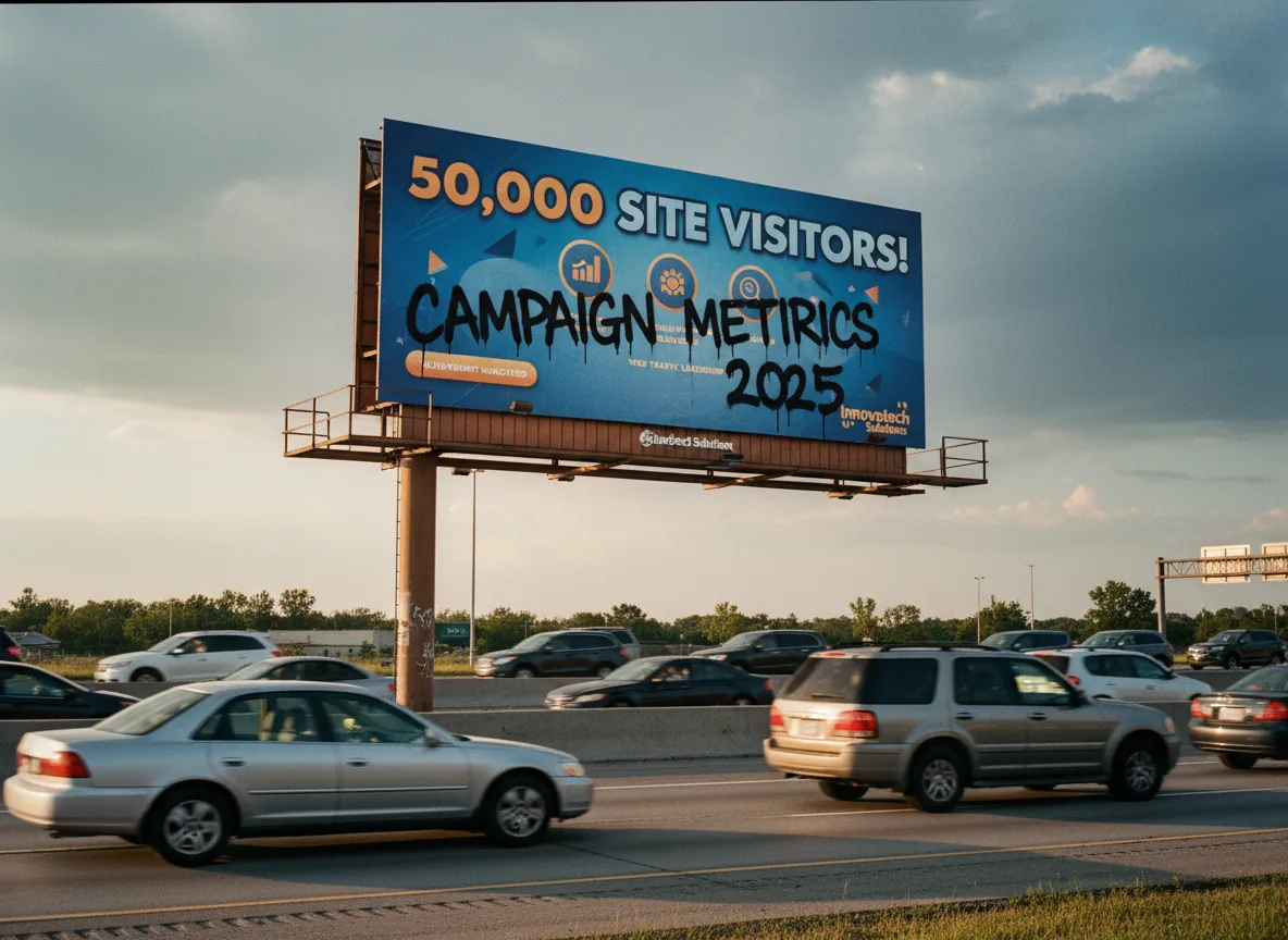 Billboard showing '50,000 SITE VISITORS!' defaced with 'CAMPAIGN METRICS 2025' graffiti, comparing outdated traffic metrics to modern campaign attribution