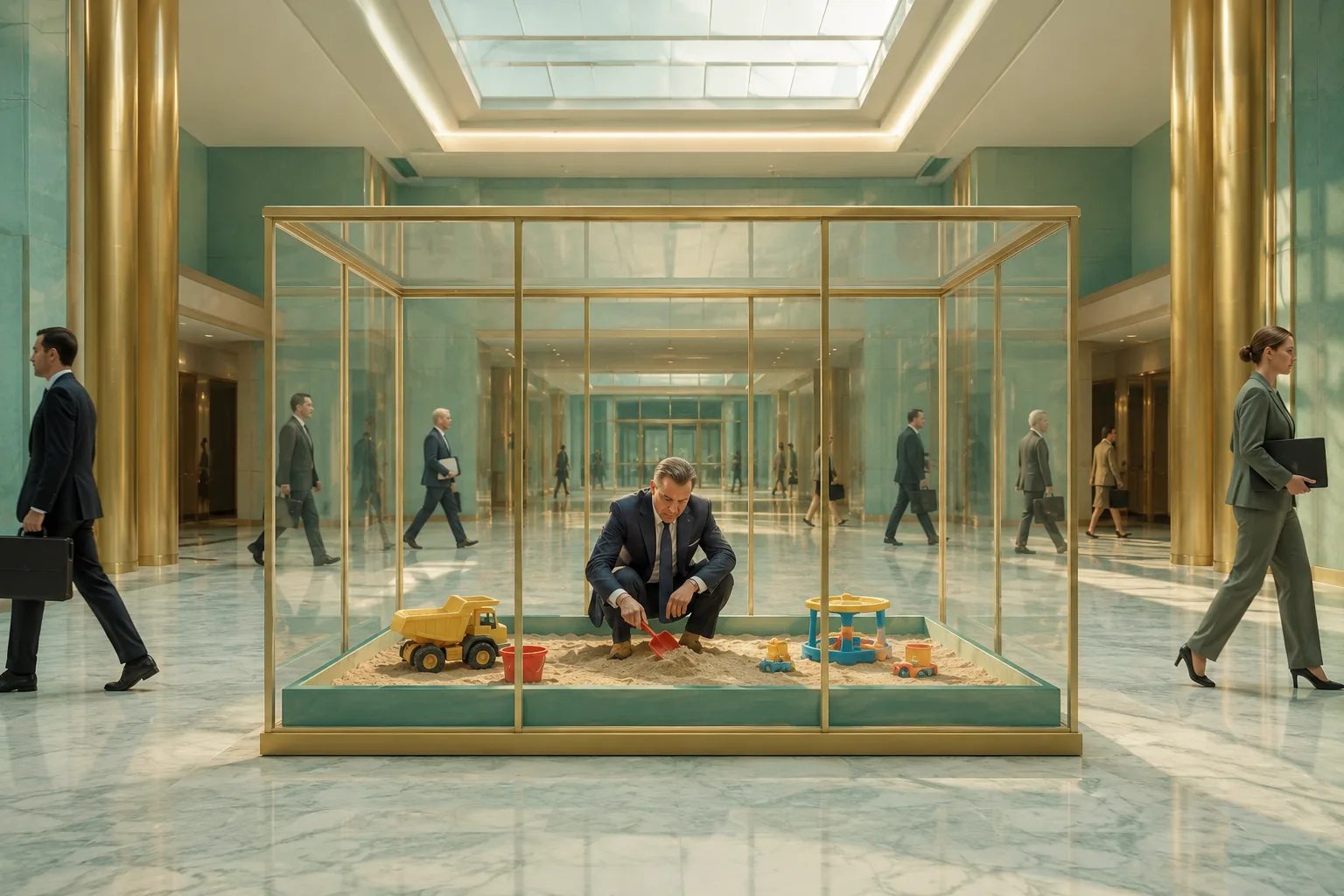 A businessman in a suit crouched inside a clear glass-enclosed sandbox holding a child's shovel while colleagues walk past in a corporate atrium.