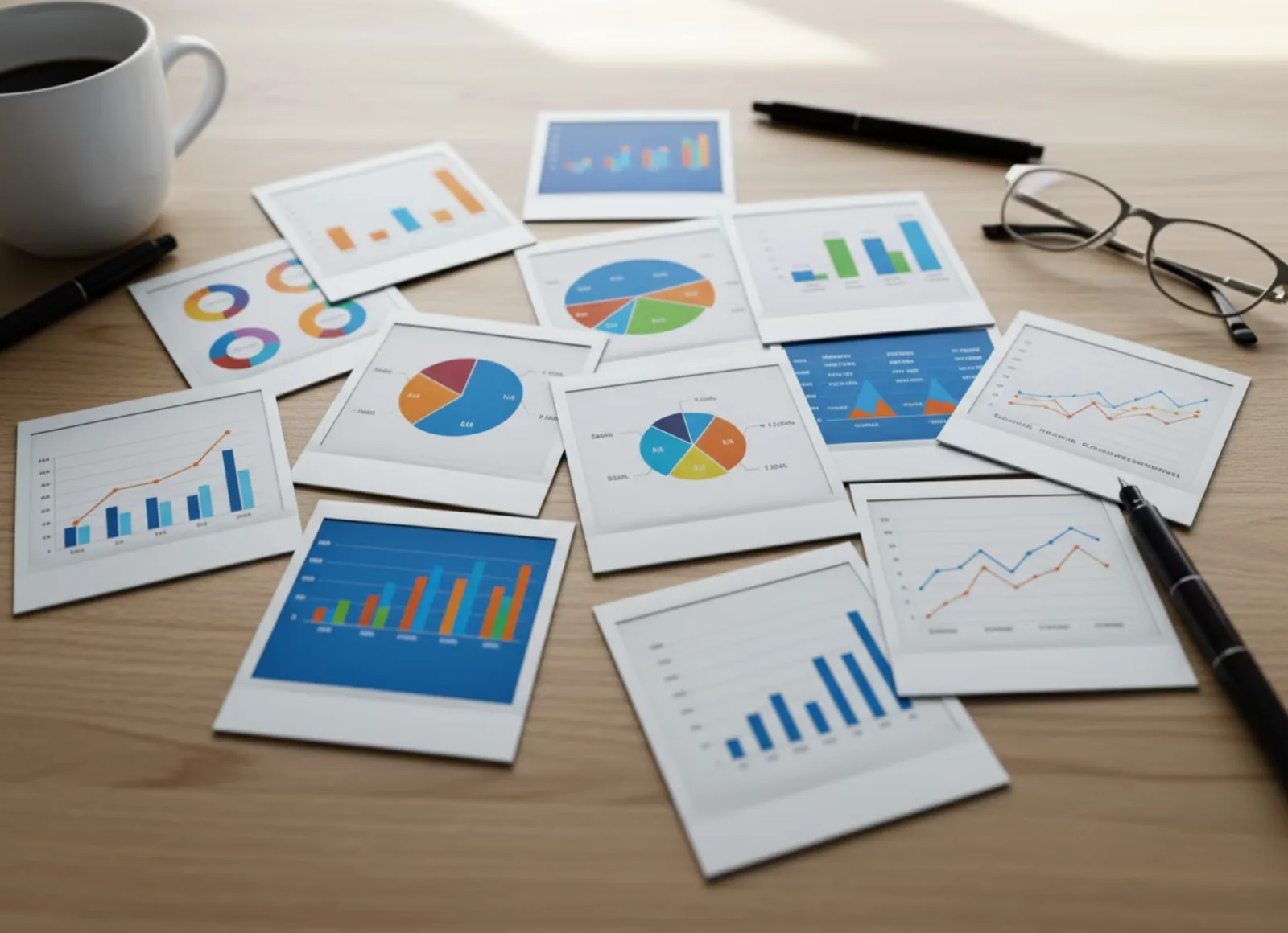 Scattered Polaroid photographs showing various marketing analytics dashboards and charts spread across a desk, representing fragmented snapshot-based attribution data that lacks continuous historical context