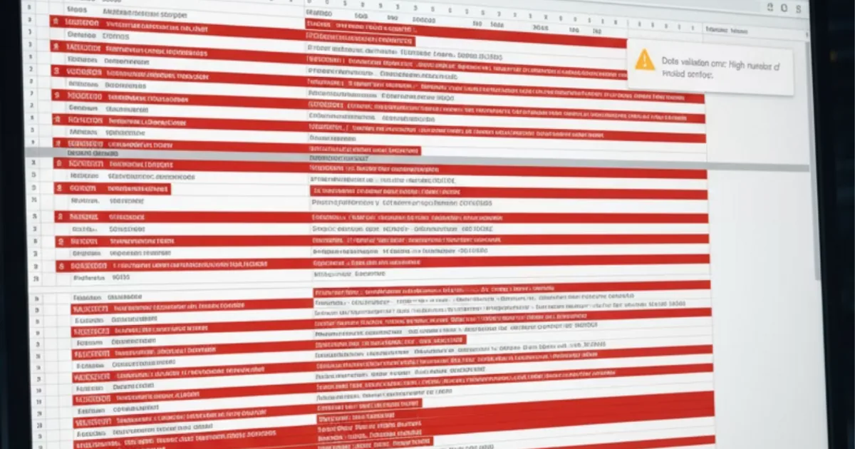Spreadsheet with red error highlights showing messy data and validation issues.