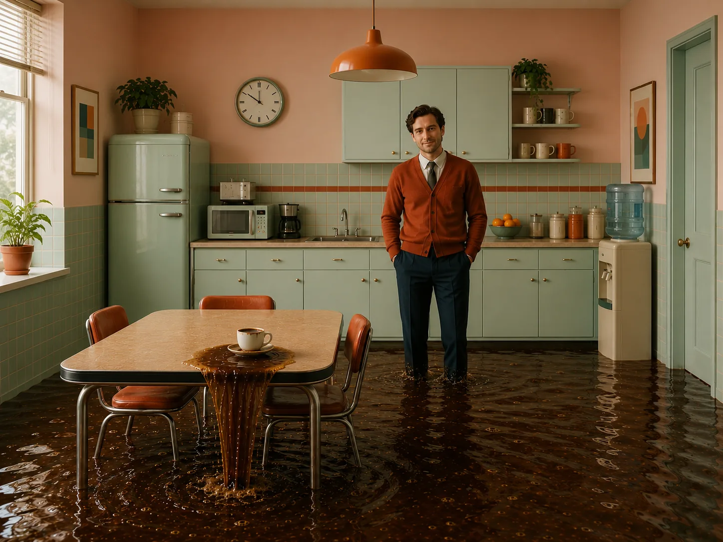A tiny espresso cup overflows into a flooded pastel kitchen where a calm, well-dressed figure stands ankle-deep, unbothered.