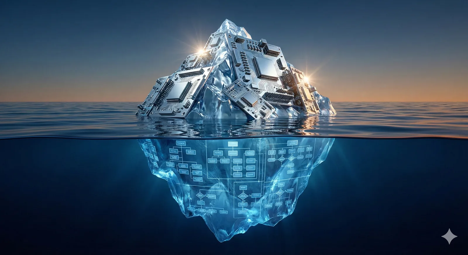 A hyper-realistic CGI iceberg floating in a calm ocean. The small visible tip above the waterline is made of gleaming chrome circuit boards and microchips catching sunlight. The much larger submerged mass below is translucent blue ice embedded with detailed workflow diagrams and process flowcharts, illustrating that technology is only a fraction of the work behind AI success.