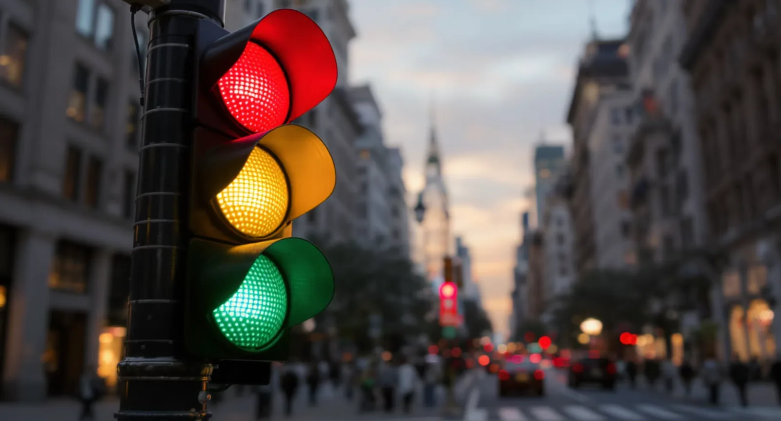 Traffic light with all three colored lights illuminated on a city street
