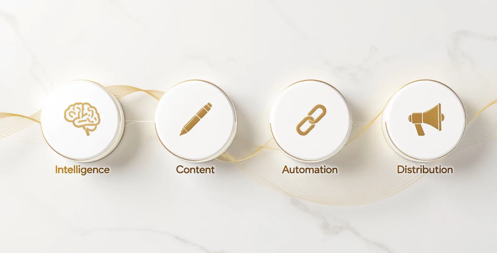 Four interconnected circles showing the AI Engine framework: Intelligence (brain icon), Content (pen icon), Automation (chain link icon), and Distribution (megaphone icon), connected by a flowing line to represent an integrated system