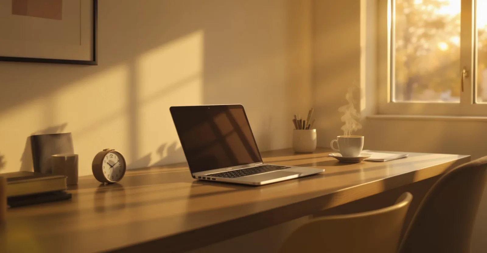Minimalist home office desk at golden hour with closed laptop and coffee cup, representing the calm after automation creates 10 hours of free time