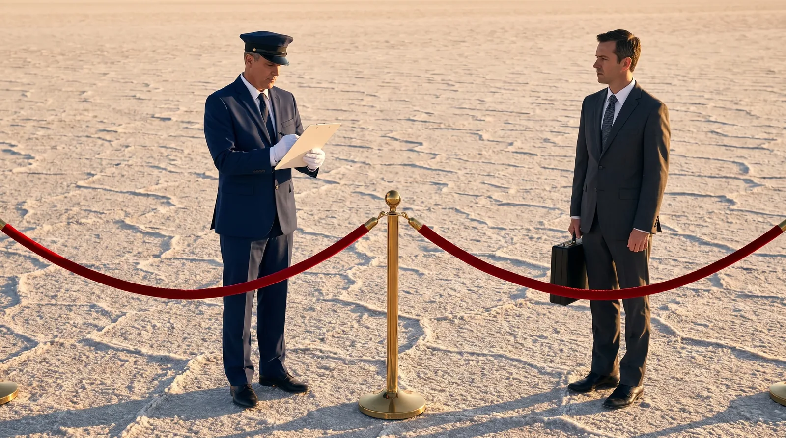 A doorman in a navy uniform and white gloves checks a clipboard at a red velvet rope standing alone on a cracked salt flat at golden hour, while a businessman with a briefcase waits on the other side. There is no building.