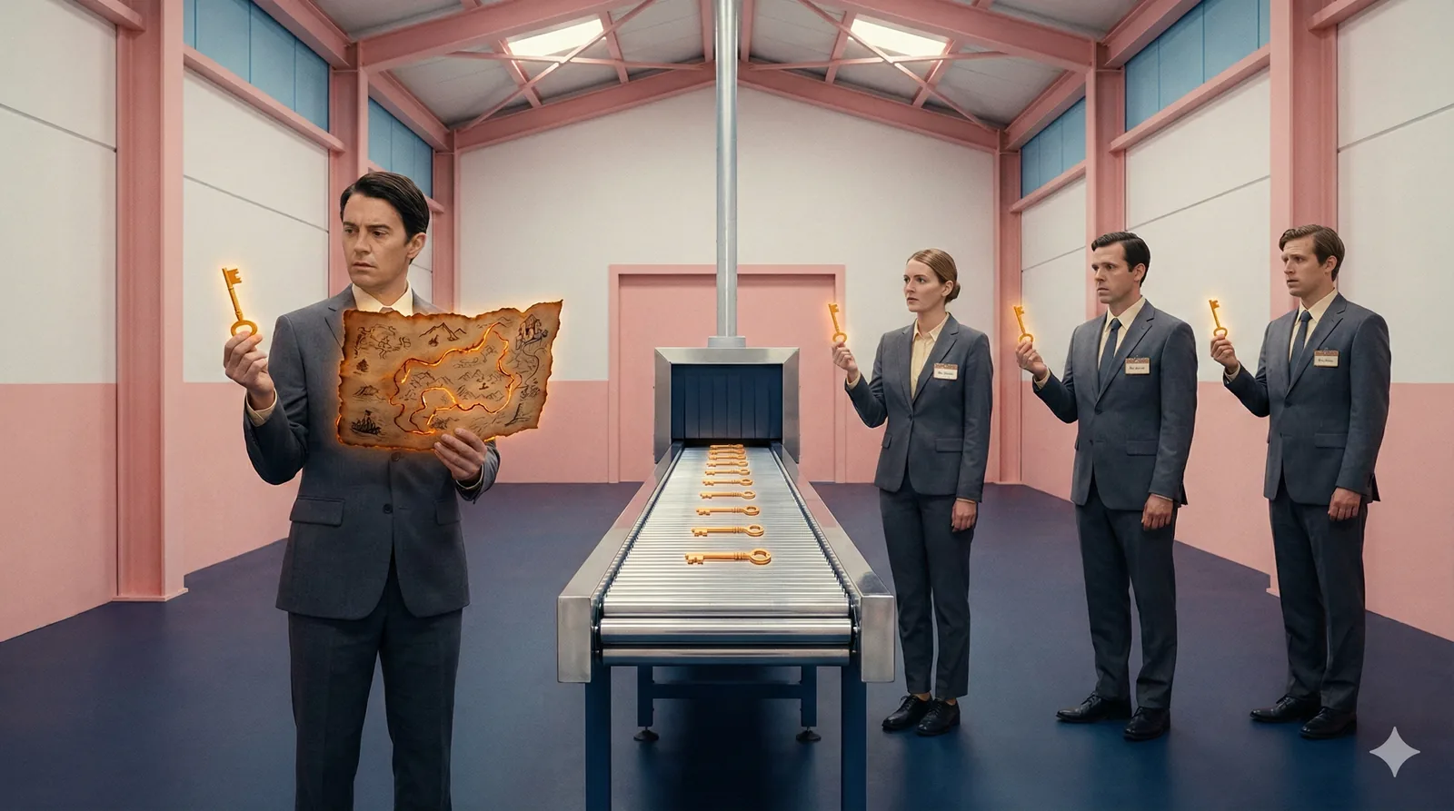 Wes Anderson style photograph of businesspeople in gray suits holding identical golden keys, while one person in the foreground holds both a key and a glowing hand-drawn map, with a conveyor belt dispensing keys in the background