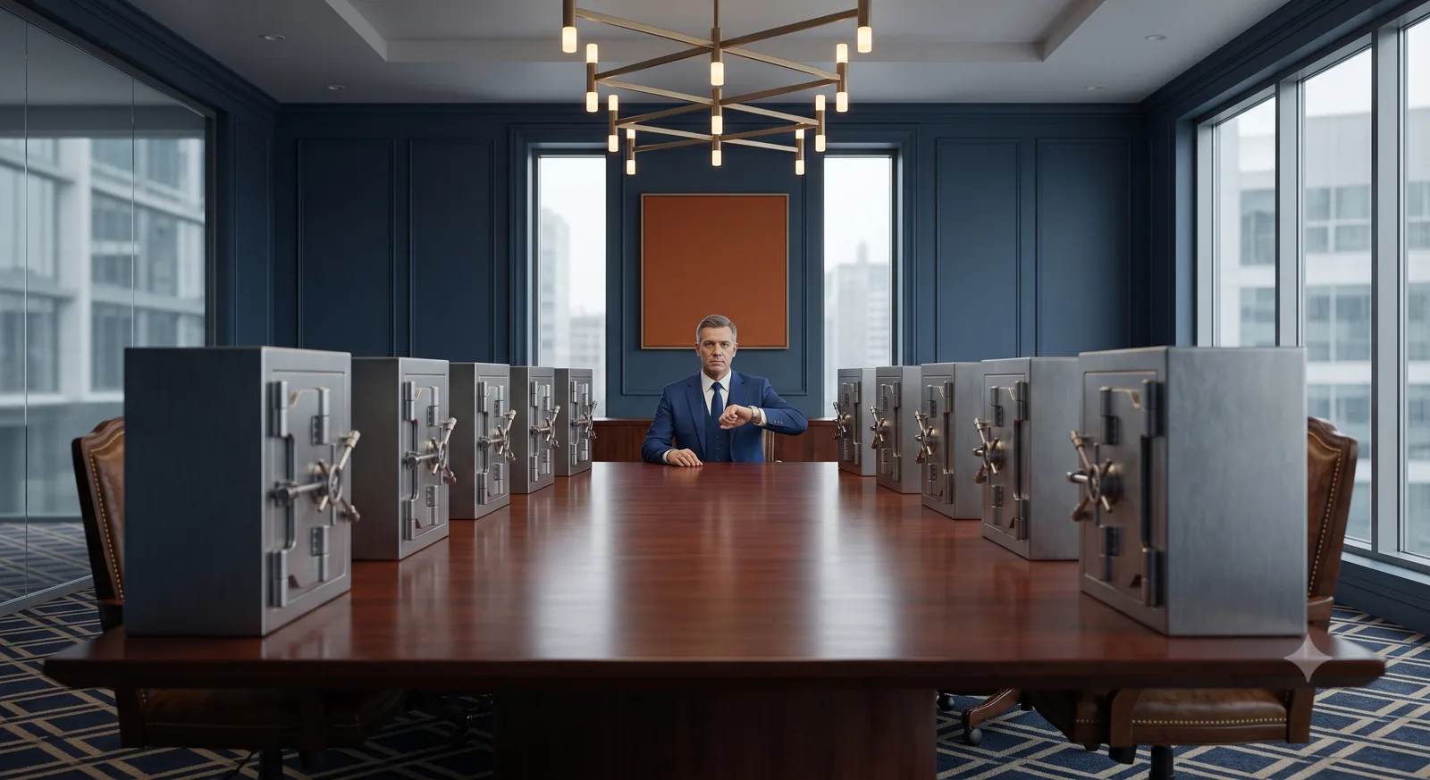 A boardroom table set with closed bank vaults instead of documents while an executive at the head of the table checks his watch.