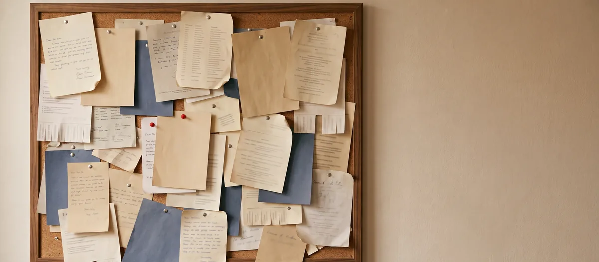 A cork noticeboard crowded with overlapping event flyers, held up with silver pins and one red pushpin.
