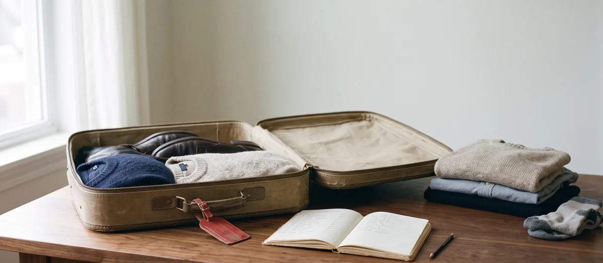 A half-packed suitcase on a walnut table beside a stack of folded sweaters and an open notebook, with a red luggage tag on the handle.