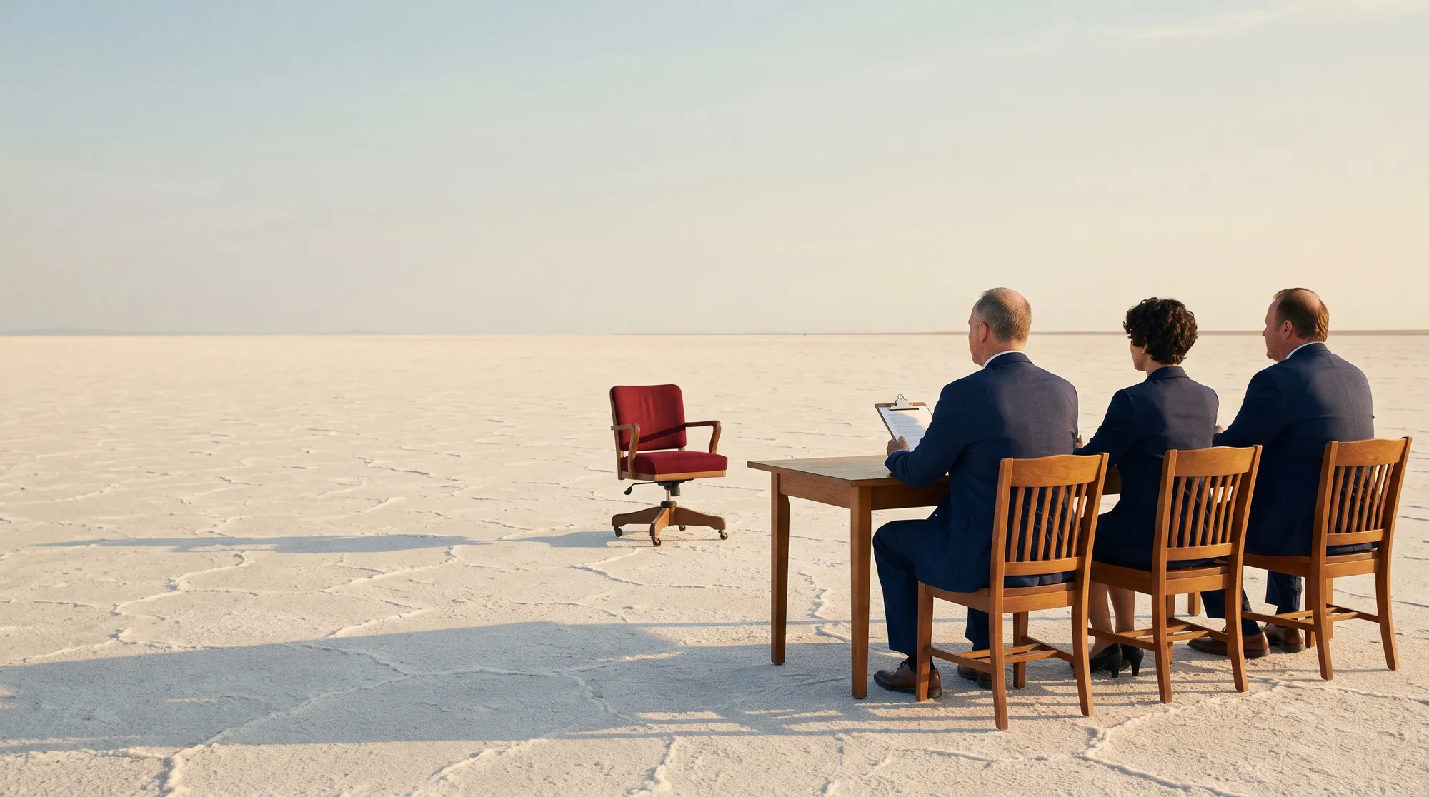 A three-person hiring panel at a wooden table on a salt flat, facing an empty red office chair.